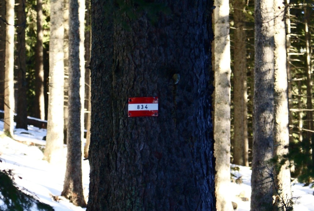 Die Wegnummer 834 und rot-weiß-rote Markierung kennzeichnet diesen Weitwanderweg.