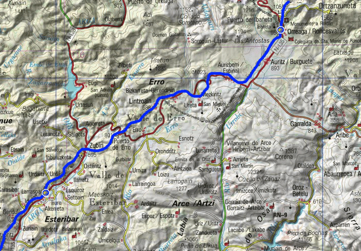 von Roncesvalles nach Larrasoana Kartengrundlage: www.ign.es